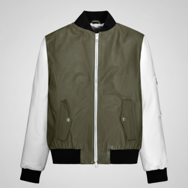 Olive White Leather Bomber Jacket for Men Chinkara Leathers