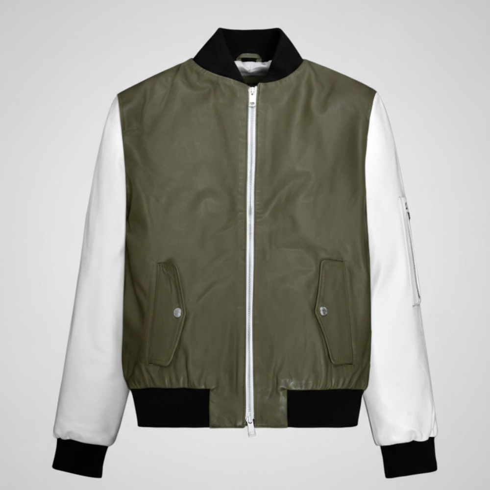 Olive White Leather Bomber Jacket for Men Chinkara Leathers
