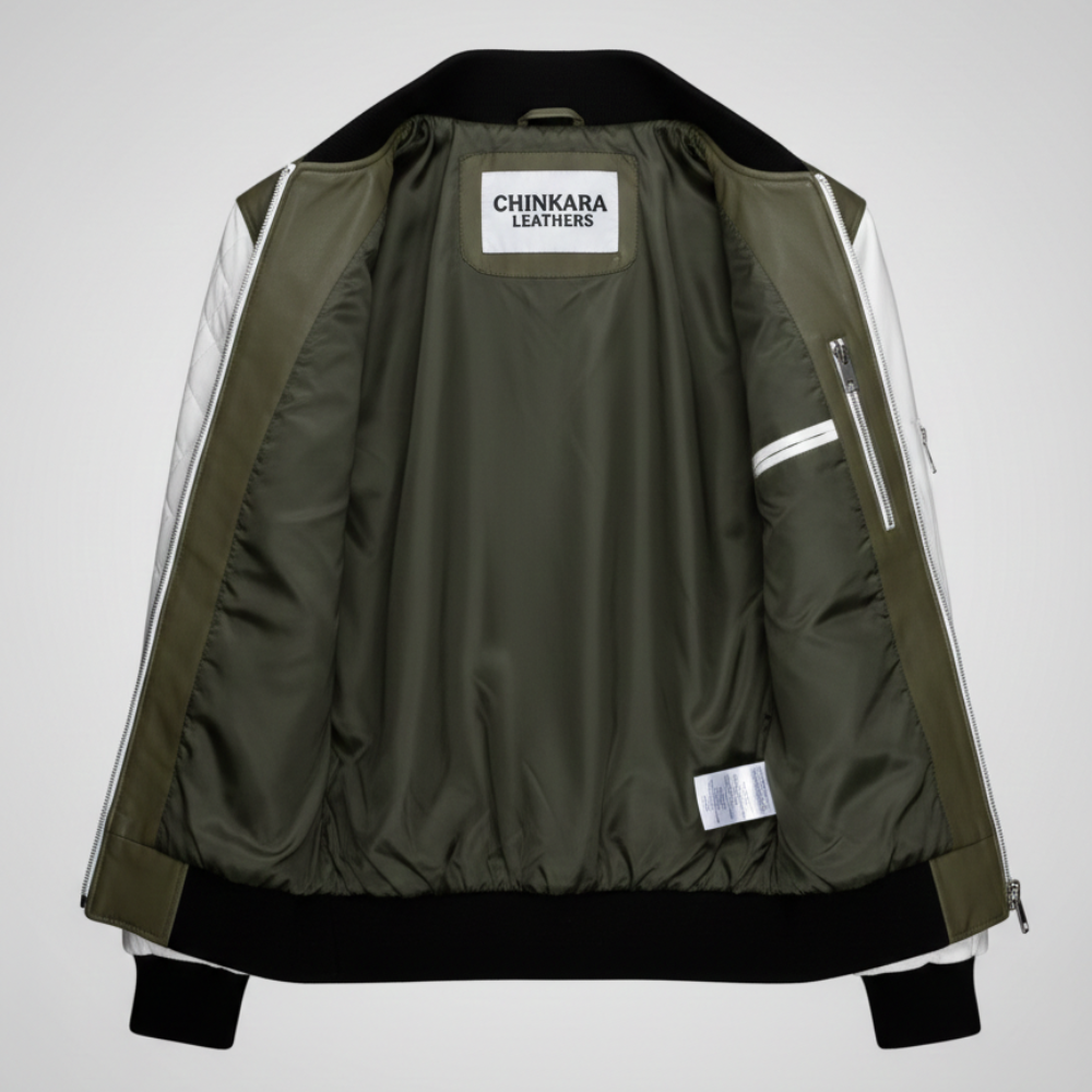 Olive White Leather Bomber Jacket for Men Chinkara Leathers