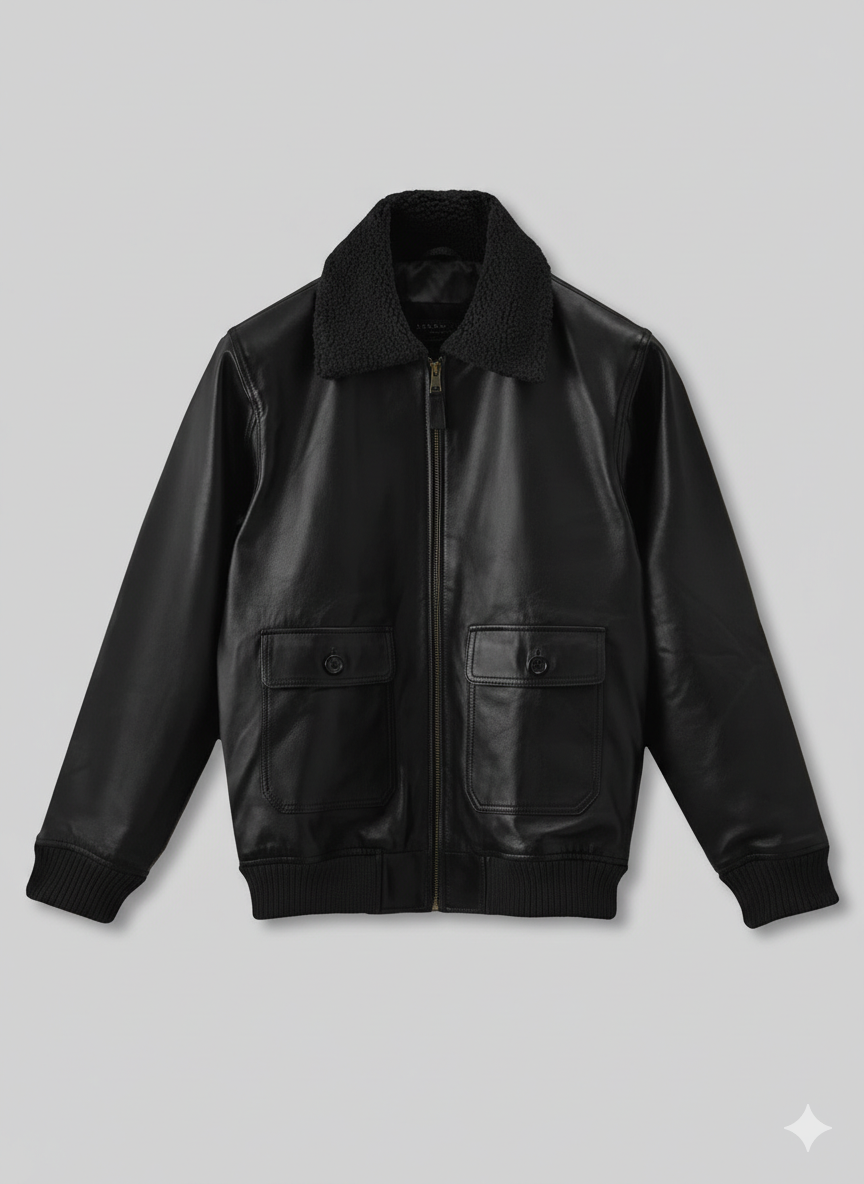 Black Leather Bomber Jacket with Sherpa Collar Chinkara Leathers