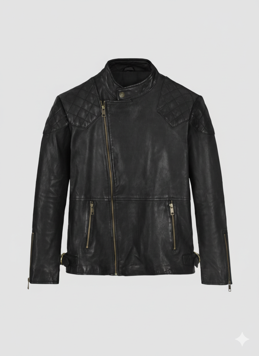 High-quality genuine black leather with a sleek polished finish. Stylish diamond-quilted shoulder pads for a rugged biker aesthetic. Slim-fit design with adjustable side buckles for a perfect silhouette. Durable silver-tone hardware and zippers for long-lasting daily use.