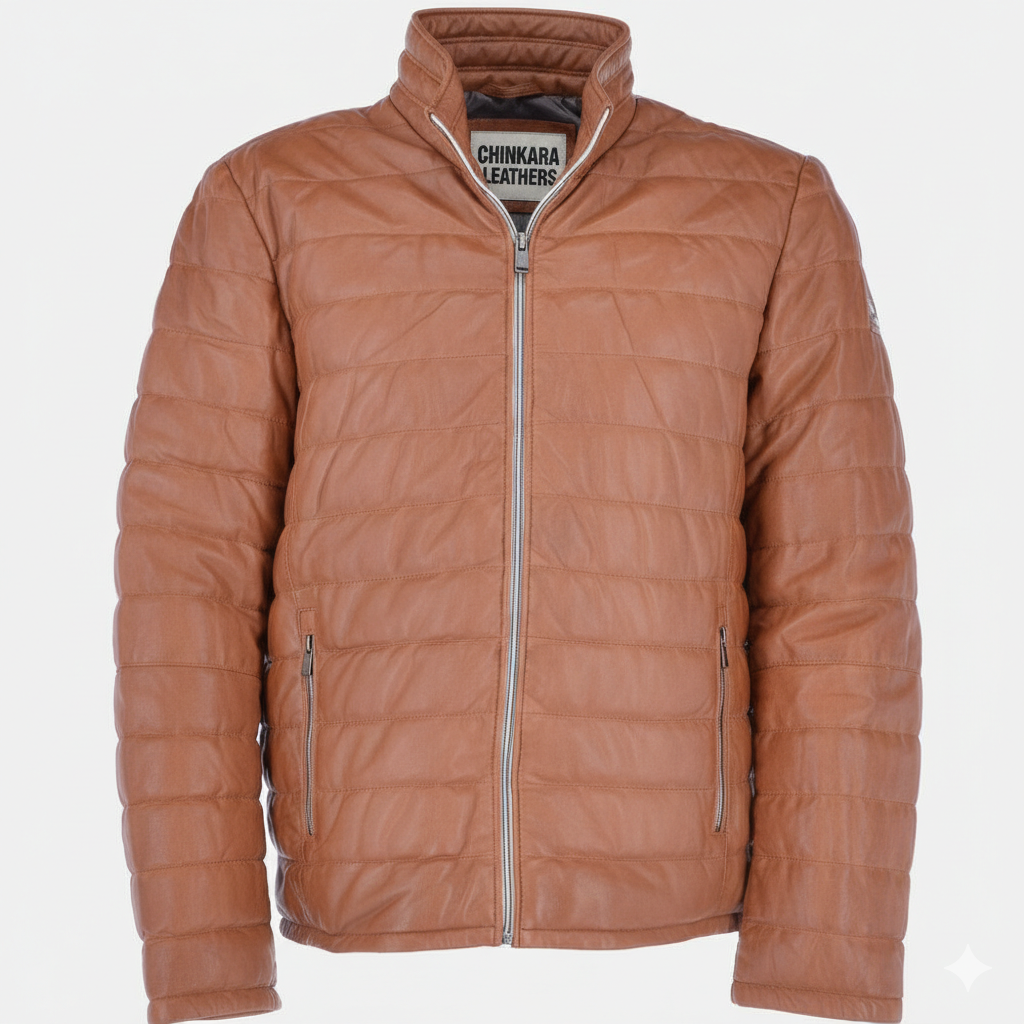 Tan Leather Puffer Jacket for Men Premium Quilted Style Slim Fit