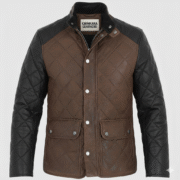Brown Quilted Leather Jacket with Black Sleeves for Men