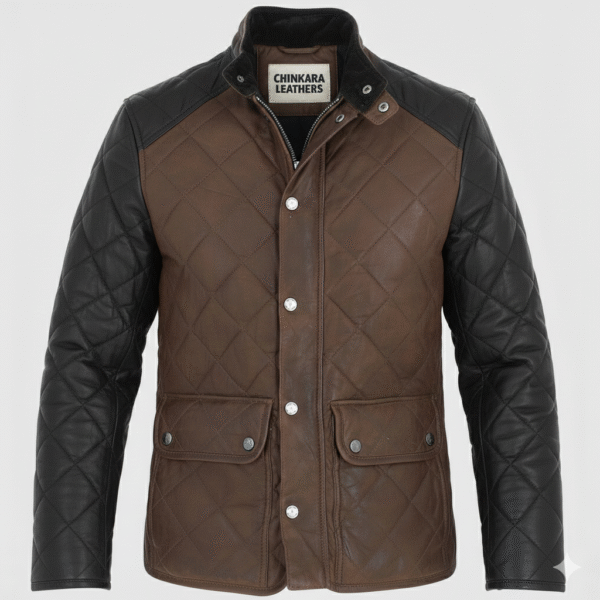 Brown Quilted Leather Jacket with Black Sleeves for Men