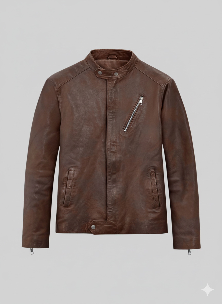Men’s Premium Brown Leather Motorcycle Racer Jacket Slim Fit