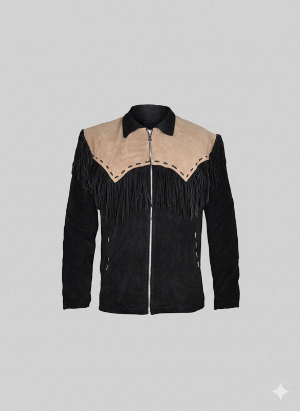 Men's Western Suede Fringe Jacket with Tan Leather Yoke Detail