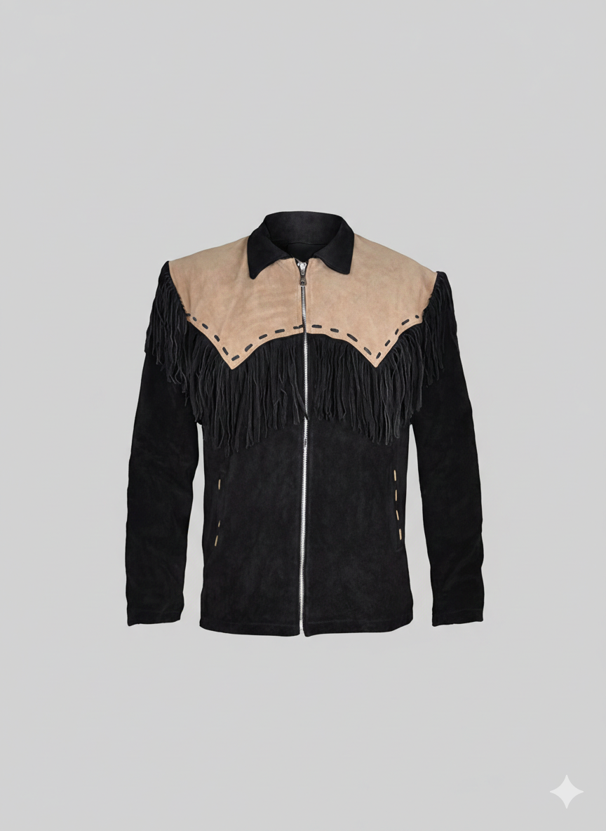 Men's Western Suede Fringe Jacket with Tan Leather Yoke Detail