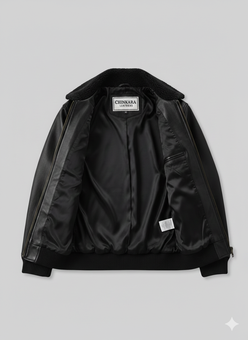 Black Leather Bomber Jacket with Sherpa Collar Chinkara Leathers