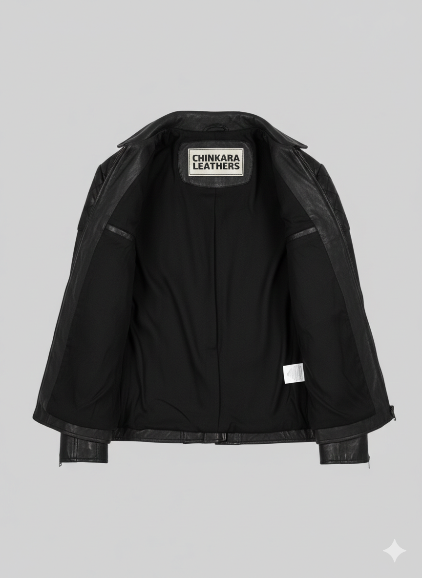 High-quality genuine black leather with a sleek polished finish. Stylish diamond-quilted shoulder pads for a rugged biker aesthetic. Slim-fit design with adjustable side buckles for a perfect silhouette. Durable silver-tone hardware and zippers for long-lasting daily use.