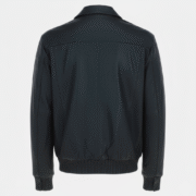 Black Leather Bomber Jacket with Ribbed Trim and Dual Pockets