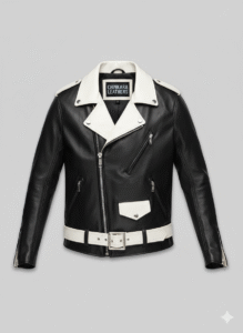 Men's Biker Leather Jacket with Contrast White Collar and Belt
