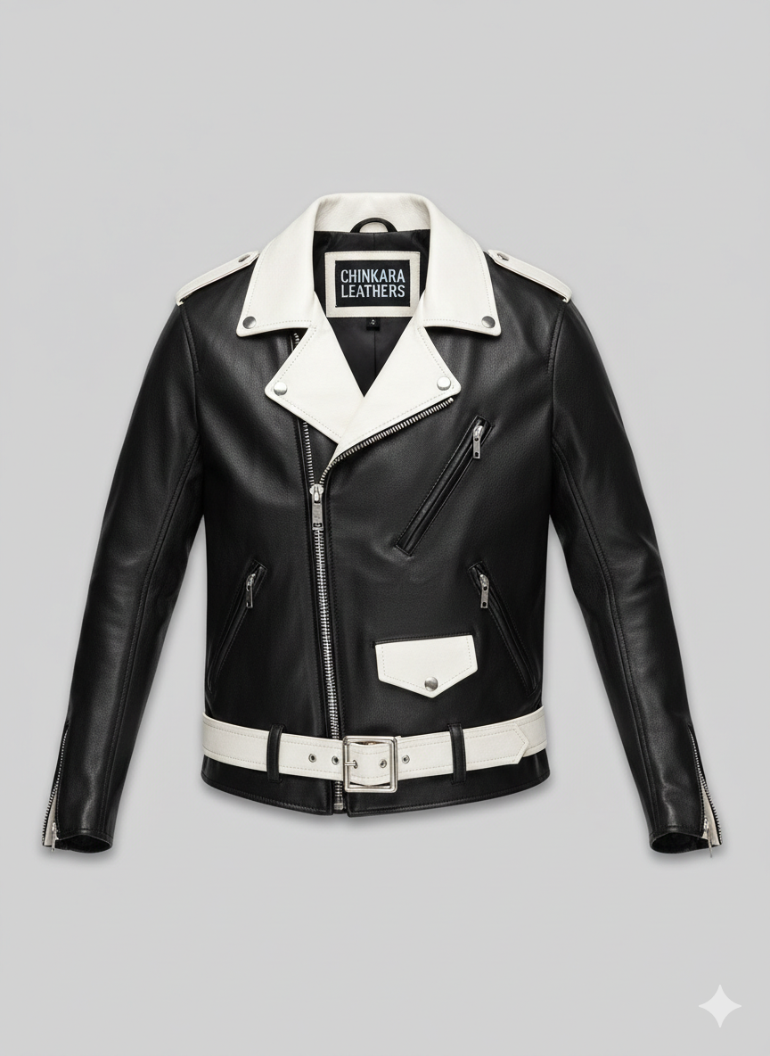 Men's Biker Leather Jacket with Contrast White Collar and Belt