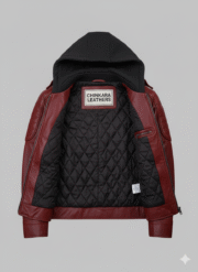 Red Hooded Leather Jacket Men's Slim Fit Genuine Leather Coat