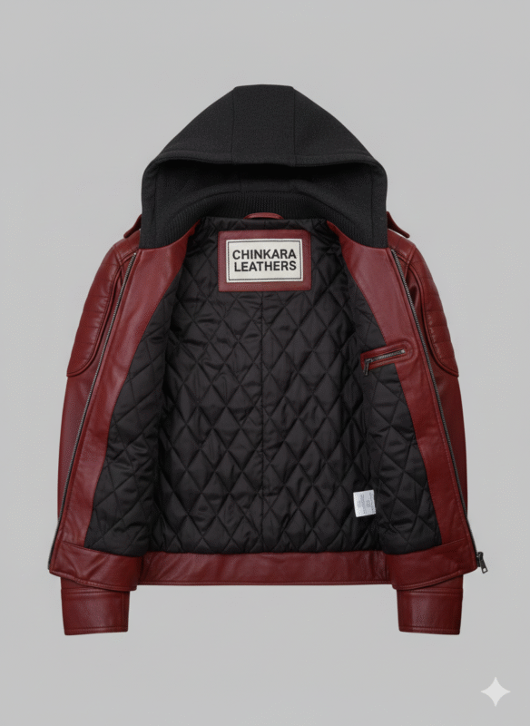 Red Hooded Leather Jacket Men's Slim Fit Genuine Leather Coat