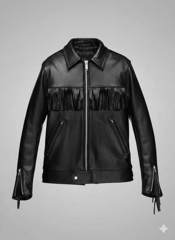 Fringe Black Leather Jacket Premium Cowhide Western Biker Coat
