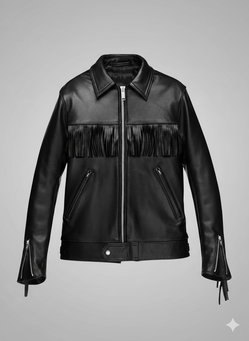Fringe Black Leather Jacket Premium Cowhide Western Biker Coat
