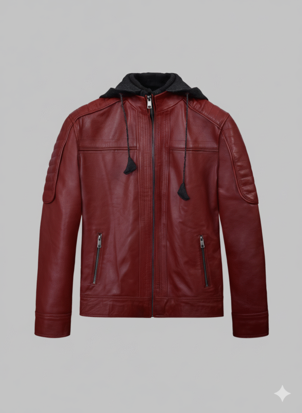 Red Hooded Leather Jacket Men's Slim Fit Genuine Leather Coat