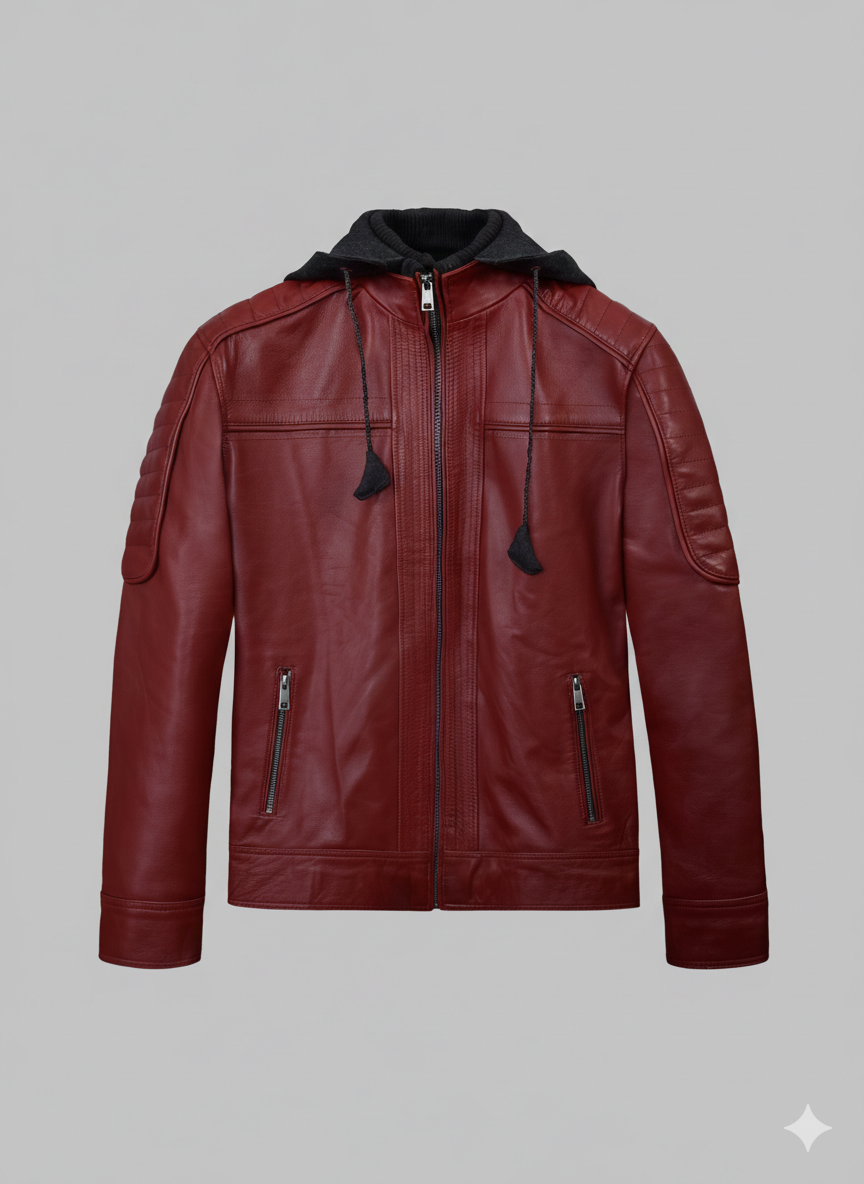 Red Hooded Leather Jacket Men's Slim Fit Genuine Leather Coat