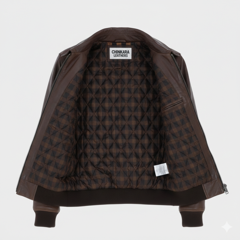 Brown Leather Bomber Jacket for Men with Quilted Check Lining Warm quilted inner lining with a classic checkered design. Functional storage with multiple secure interior and exterior pockets. Comfortable ribbed waist and cuffs for a perfect bomber silhouette.