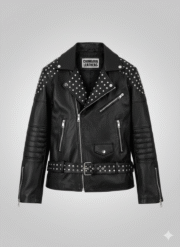 Studded Black Leather Biker Jacket with Premium Silver Hardware