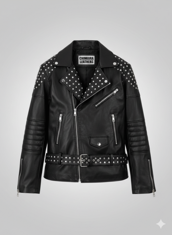 Studded Black Leather Biker Jacket with Premium Silver Hardware