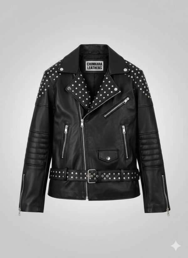 Studded Black Leather Biker Jacket with Premium Silver Hardware