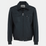 Black Leather Bomber Jacket with Ribbed Trim and Dual Pockets