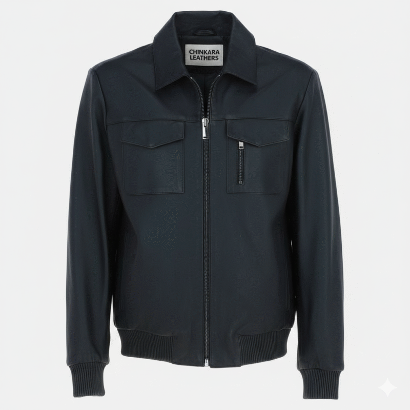 Black Leather Bomber Jacket with Ribbed Trim and Dual Pockets