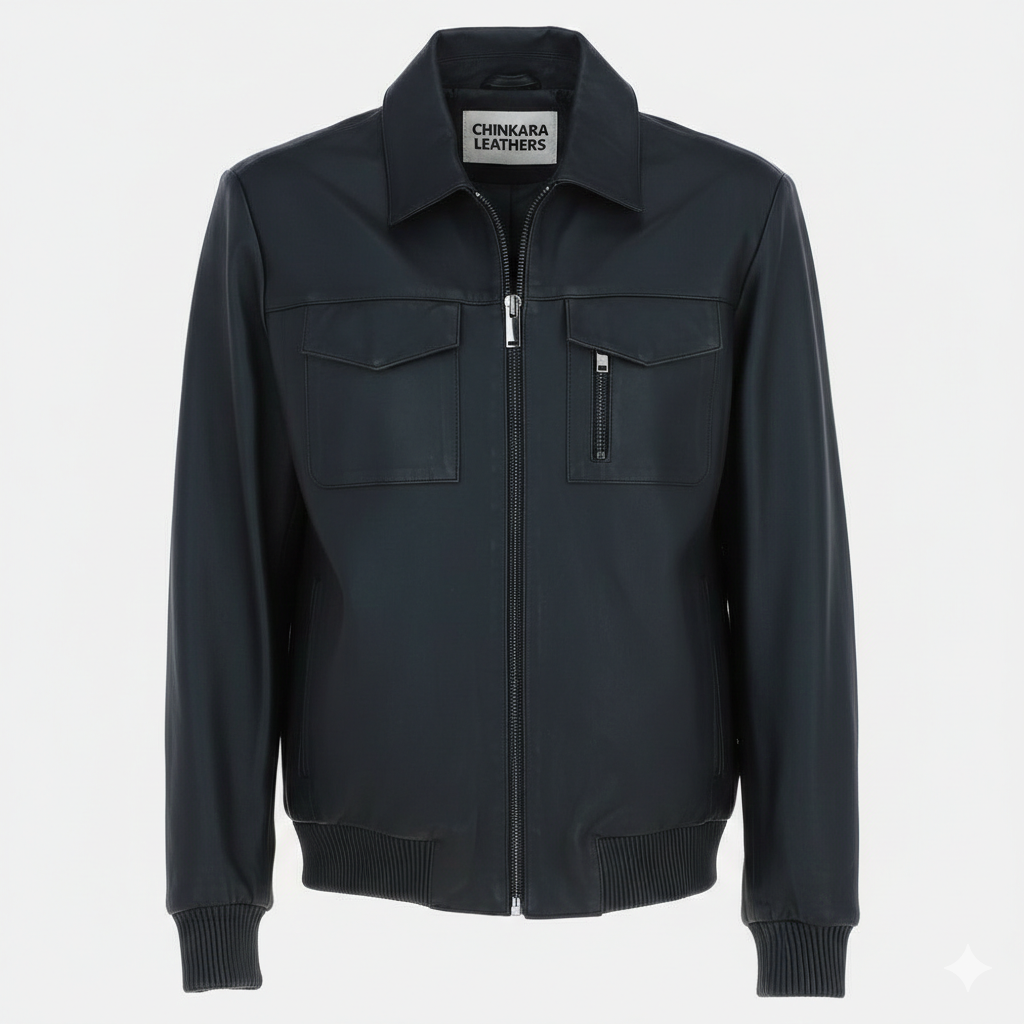 Black Leather Bomber Jacket with Ribbed Trim and Dual Pockets