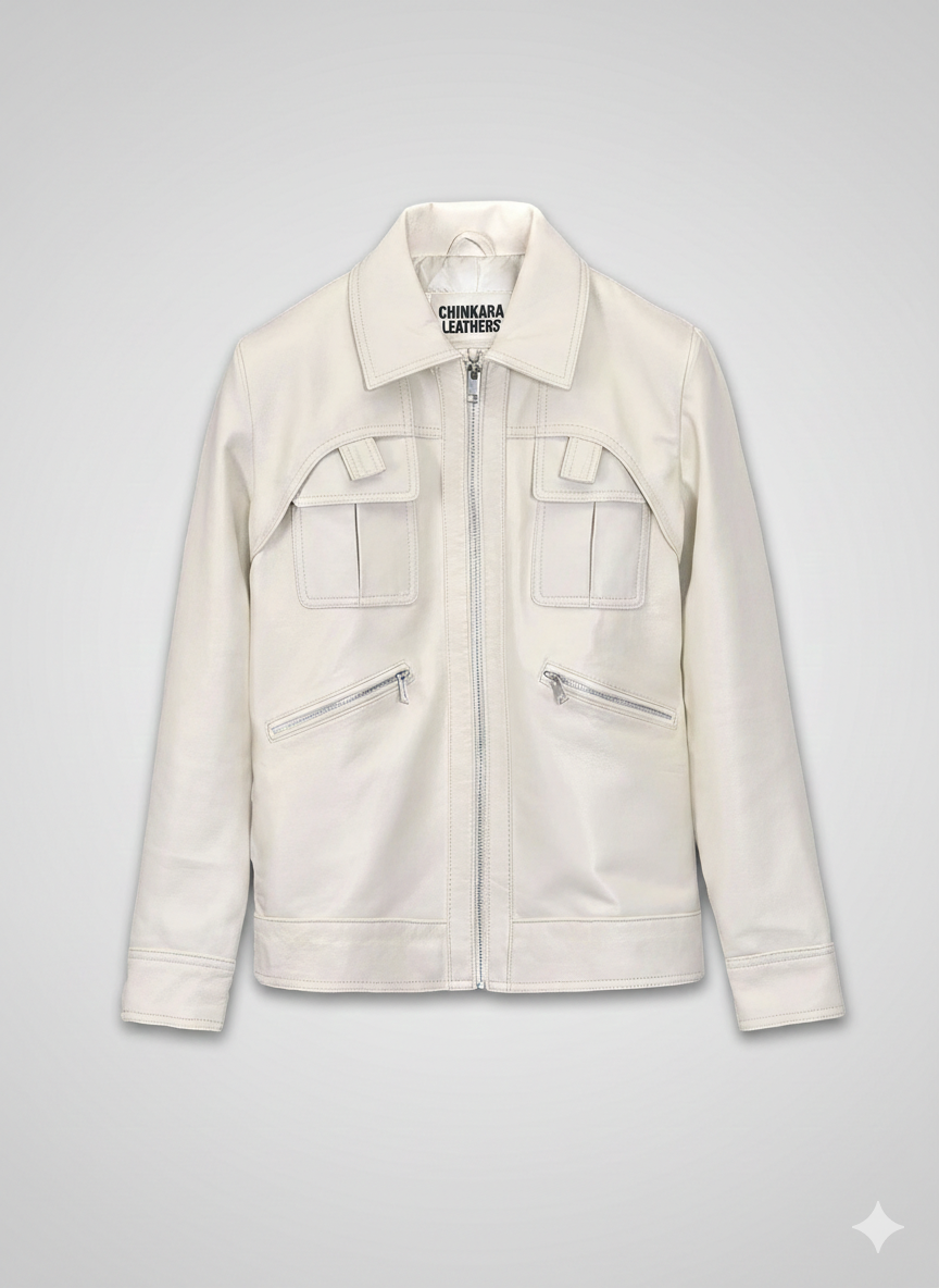White Leather Utility Jacket for Men by Chinkara Leathers