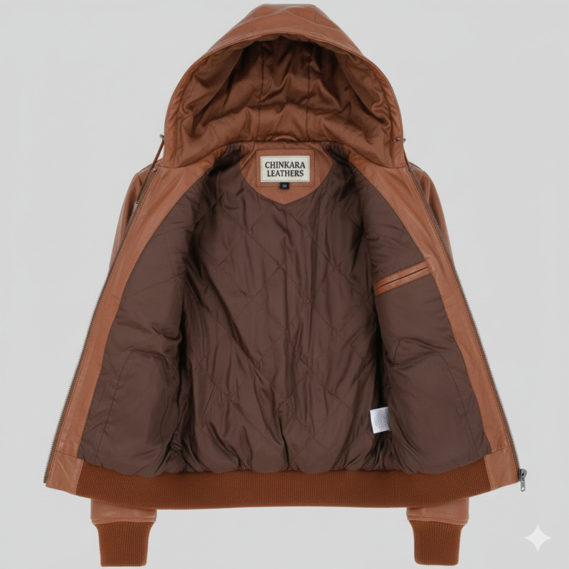 Hooded Brown Leather Bomber Jacket Premium Outerwear