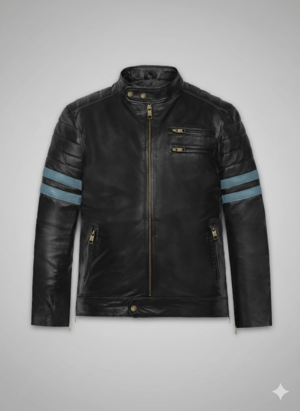 Black Striped Leather Jacket Men's Quilted Biker Style Slim Fit