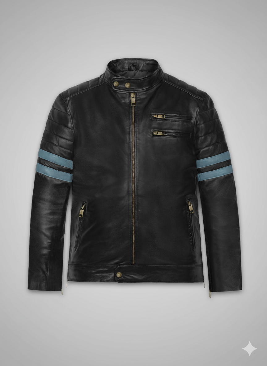 Black Striped Leather Jacket Men's Quilted Biker Style Slim Fit