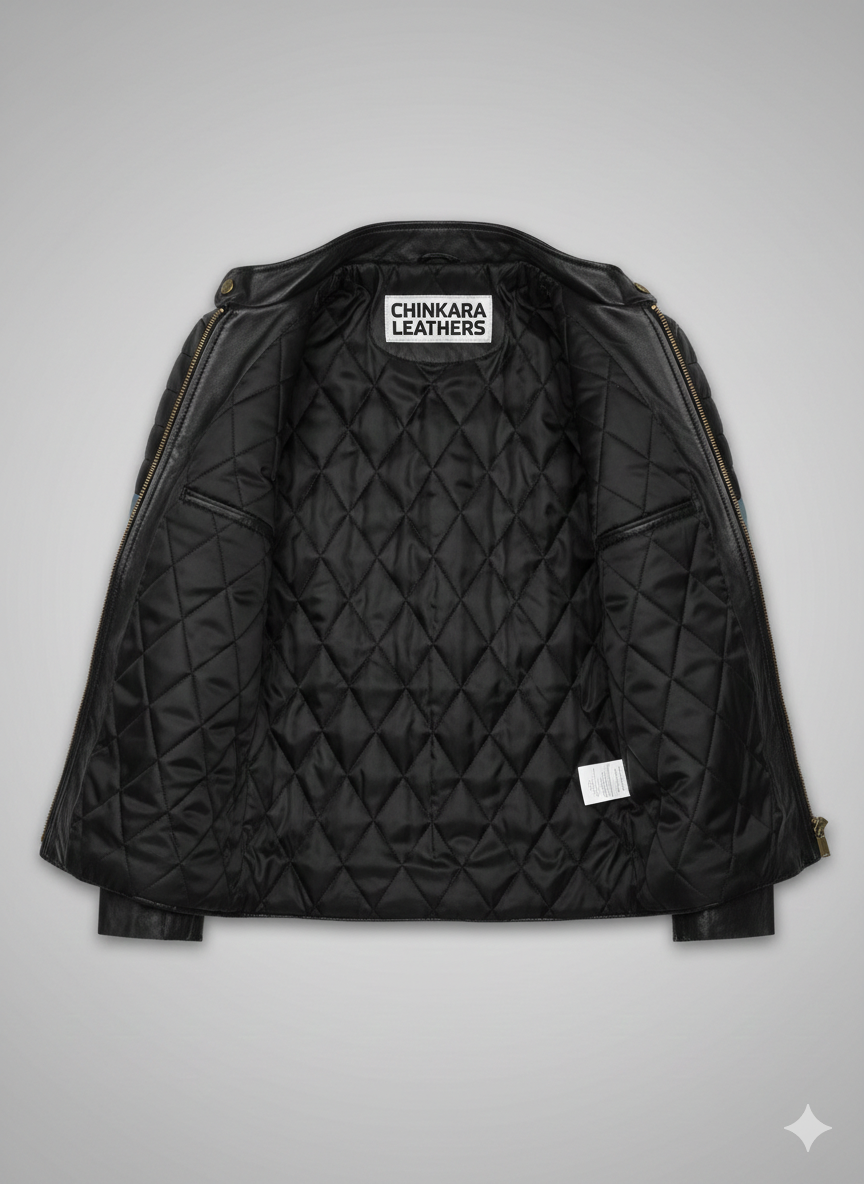 Black Striped Leather Jacket Men's Quilted Biker Style Slim Fit