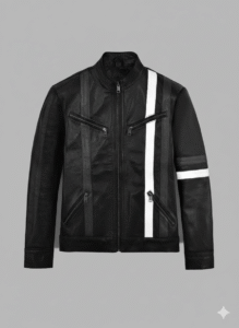 Black Leather Biker Jacket with White Stripes Chinkara Leathers