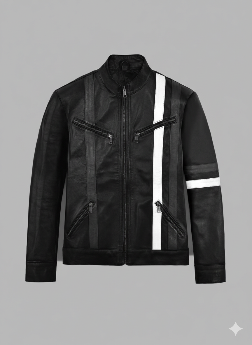 Black Leather Biker Jacket with White Stripes Chinkara Leathers