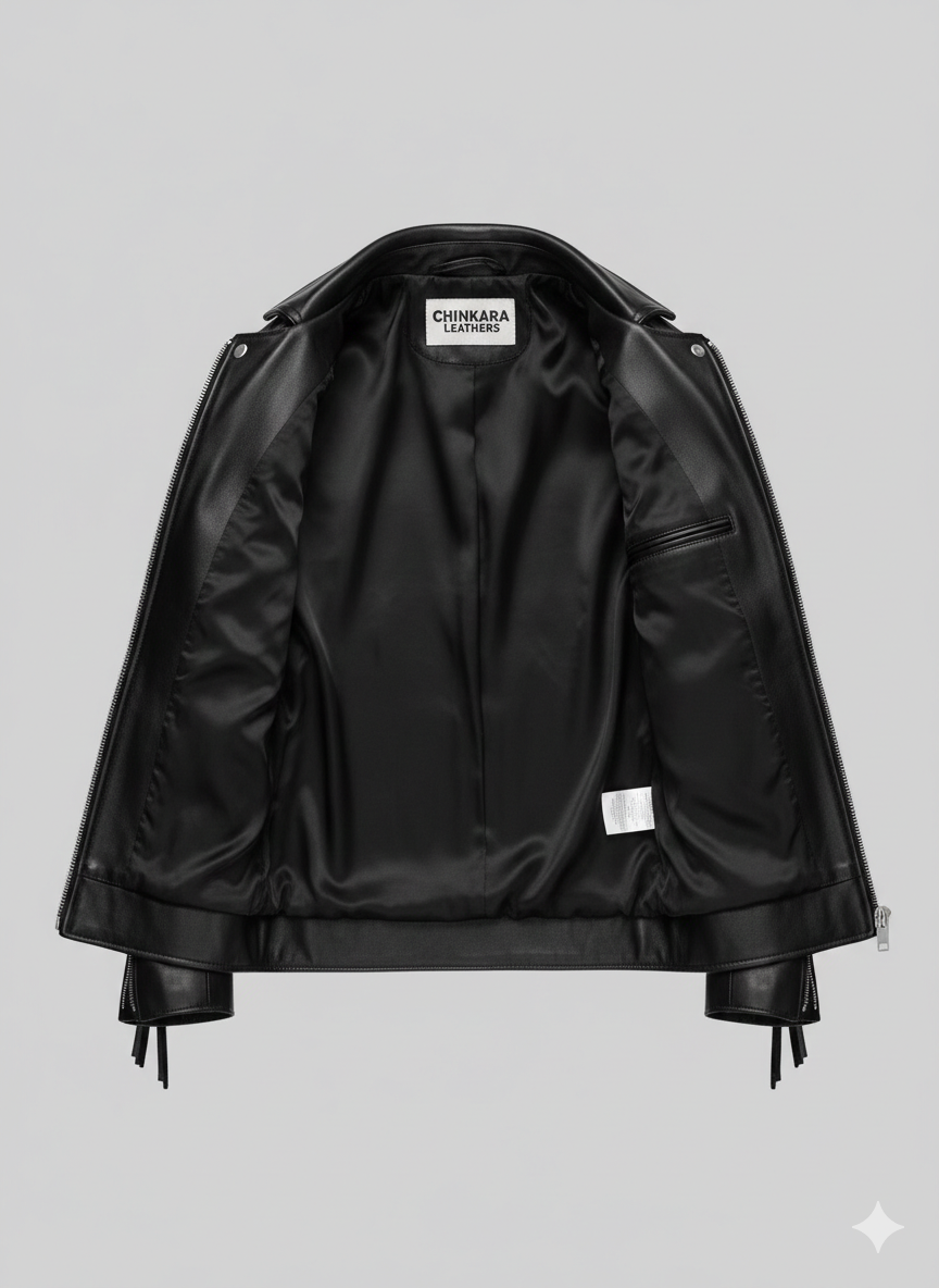 Fringe Black Leather Jacket Premium Cowhide Western Biker Coat