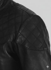 High-quality genuine black leather with a sleek polished finish. Stylish diamond-quilted shoulder pads for a rugged biker aesthetic. Slim-fit design with adjustable side buckles for a perfect silhouette. Durable silver-tone hardware and zippers for long-lasting daily use.