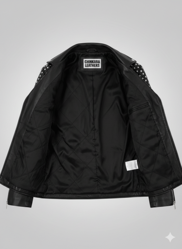Studded Black Leather Biker Jacket with Premium Silver Hardware