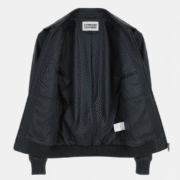 Black Leather Bomber Jacket with Ribbed Trim and Dual Pockets