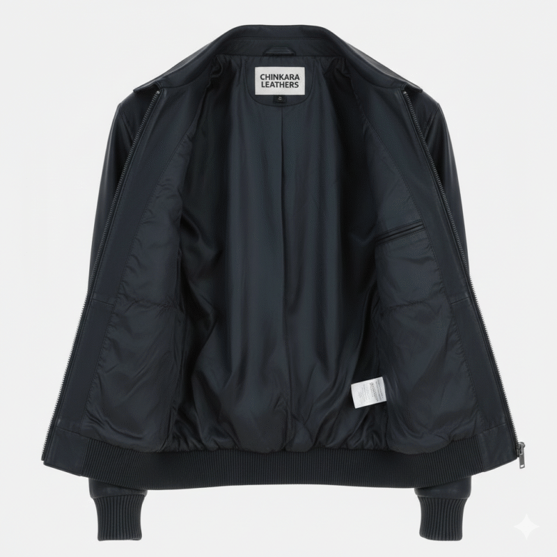 Black Leather Bomber Jacket with Ribbed Trim and Dual Pockets