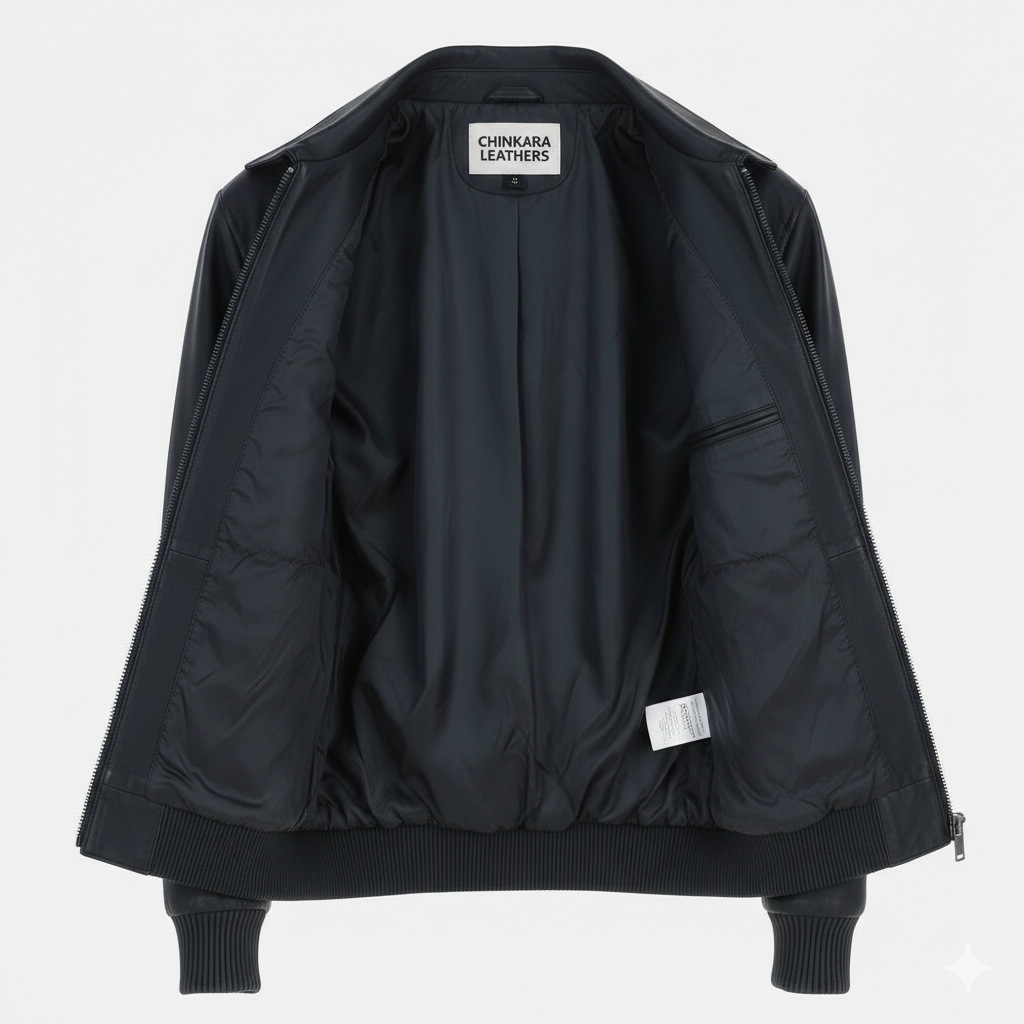 Black Leather Bomber Jacket with Ribbed Trim and Dual Pockets