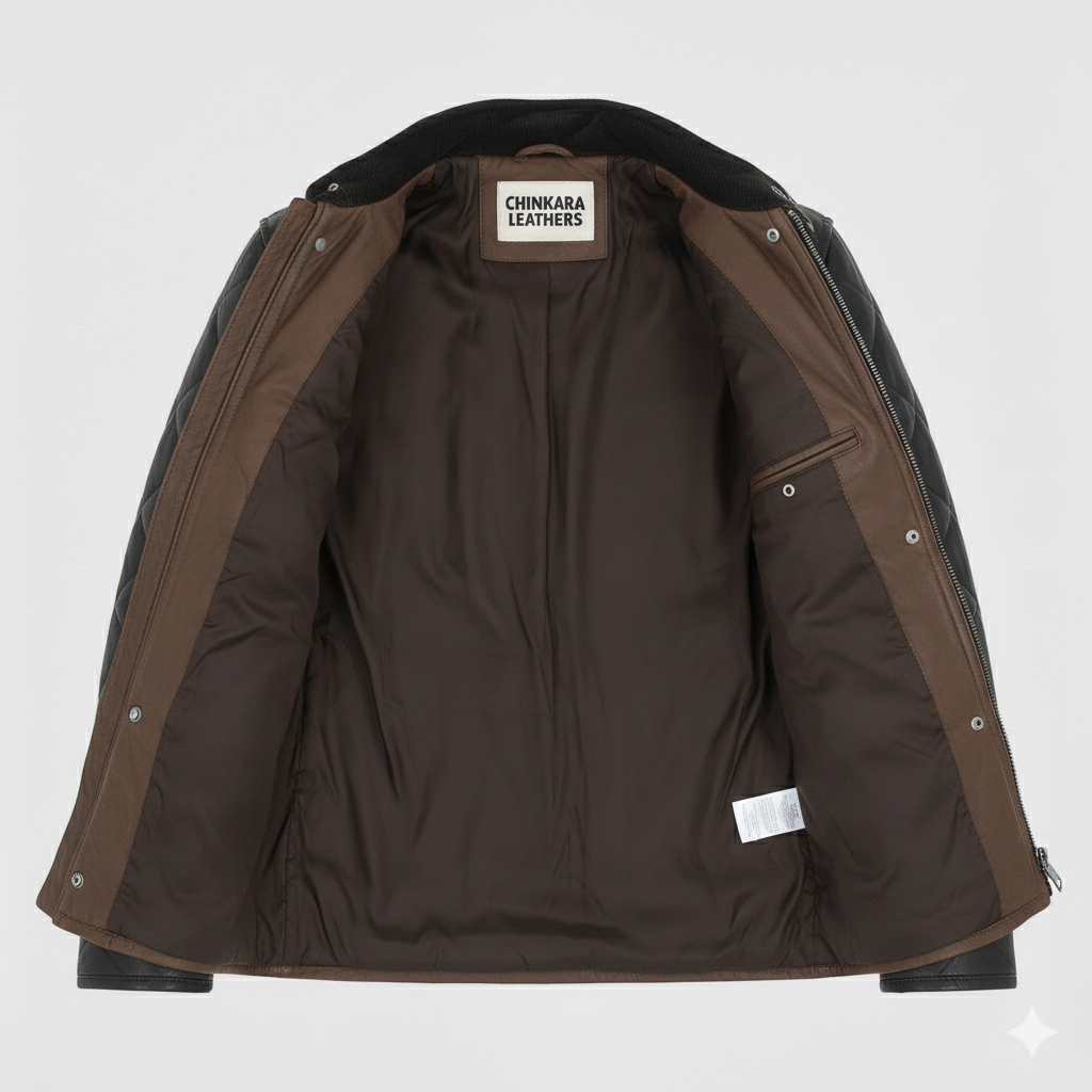 Brown Quilted Leather Jacket with Black Sleeves for Men
