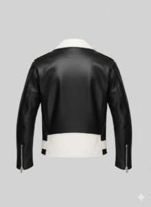 Men's Biker Leather Jacket with Contrast White Collar and Belt