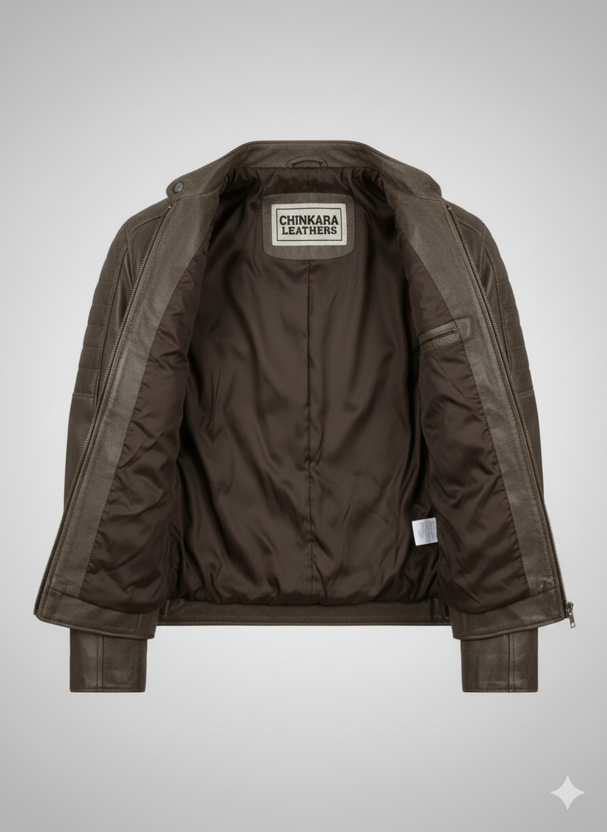 Vintage Brown Leather Biker Jacket with Quilted Shoulder Detail