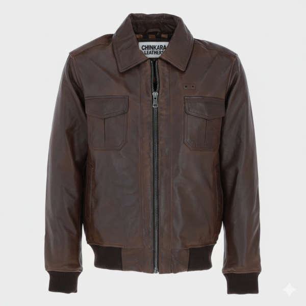 Brown Leather Bomber Jacket for Men with Quilted Check Lining