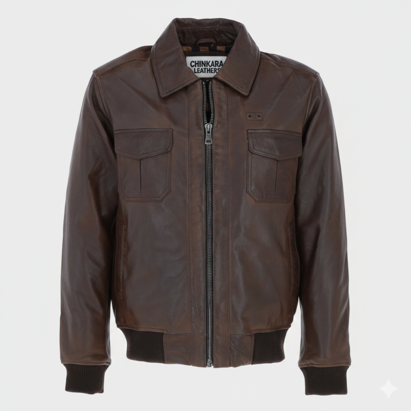 Brown Leather Bomber Jacket for Men with Quilted Check Lining