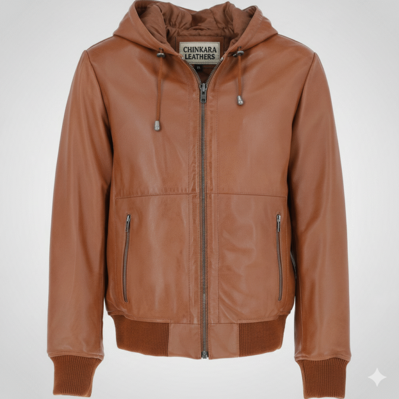 Hooded Brown Leather Bomber Jacket Premium Outerwear