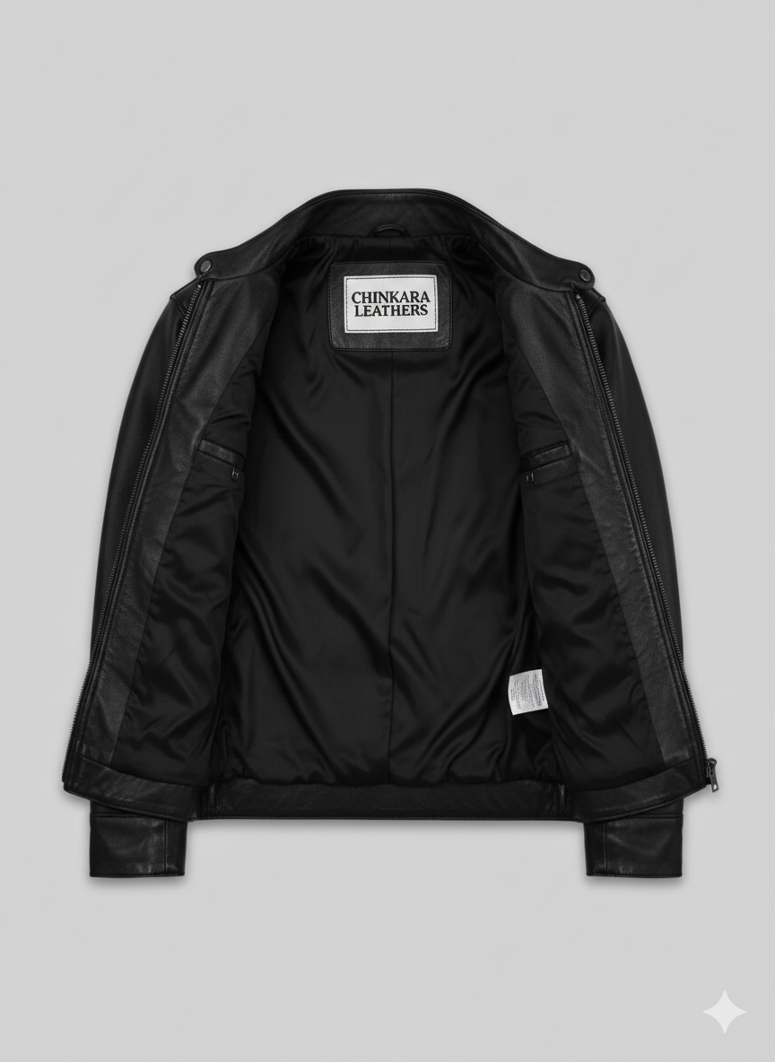 Black Leather Biker Jacket with White Stripes Chinkara Leathers