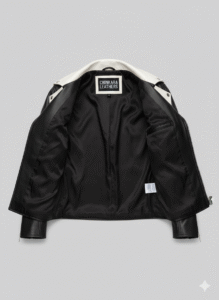 Men's Biker Leather Jacket with Contrast White Collar and Belt